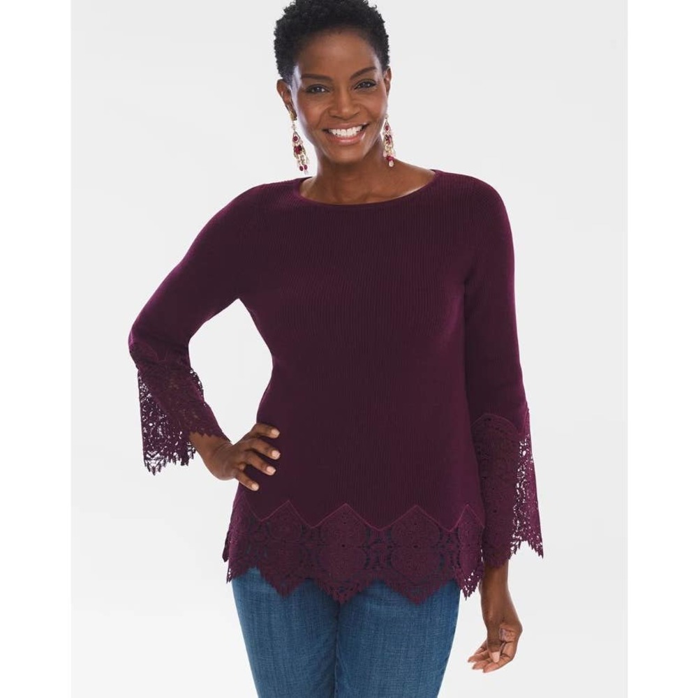 Chico's Aubergine Dark Purple Bell Sleeve Crochet Lace Hem Knit Sweater XL